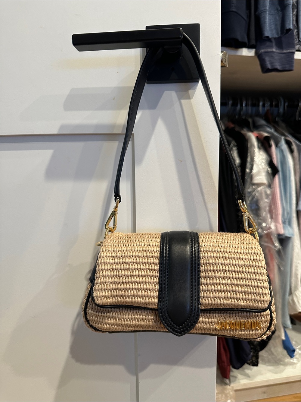Jacquemus Natural Straw Shoulder Bag with Black Leather Trim